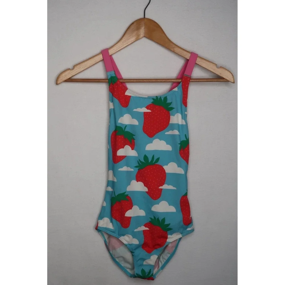 Mini‎ Boden Girls Strawberry Swimsuit 9-10Y Blue Cross Back One Piece Resort NWT